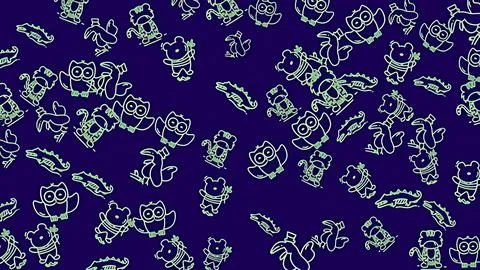 Cute seamless pattern with hand-drawn animal line art icons on a dark purpl.. Stock Illustration