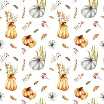 Cute seamless pattern with hand painted pumpkins, leaves, berries, season ill Stock Illustration