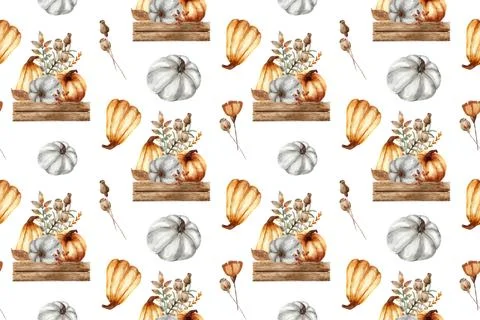 Cute seamless pattern with hand painted pumpkins composition, flowers, season Stock Illustration