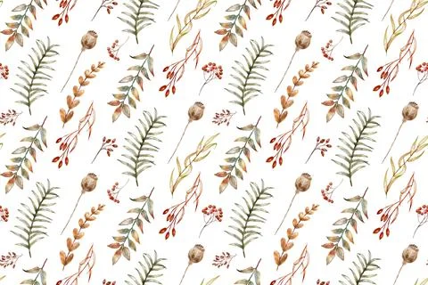 Cute seamless pattern with hand painted leaves, berries, season autumn illust Stock Illustration