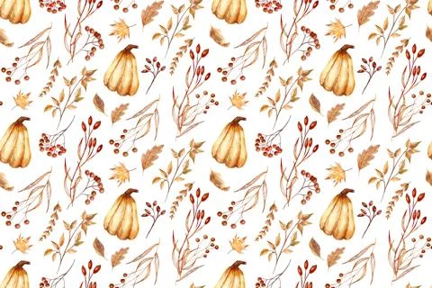 Cute seamless pattern with hand painted pumpkins, leaves, berries, season ill Illustrazione stock