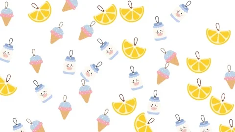 Cute Seamless Pattern of Hanging Tags with Lemon Slices Ice Cream and Milk Video stock 345539373