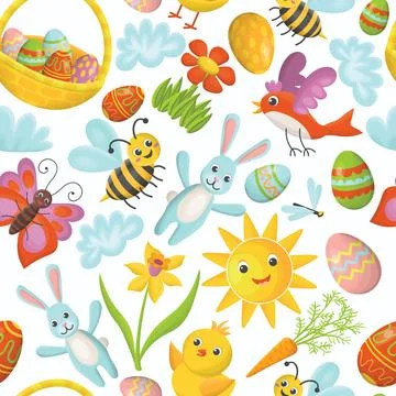 Cute seamless pattern of Happy Easter in kid's cartoon flat style. Ornament.. Stock Illustration