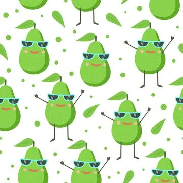 Cute seamless pattern with happy joy avocado character in sunglasses. Vector Stock Illustration