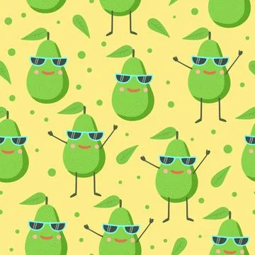 Cute seamless pattern with happy joy avocado character in sunglasses. Vector Stock-Illustration