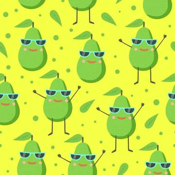Cute seamless pattern with happy joy avocado character in sunglasses. Vector Stock Illustration