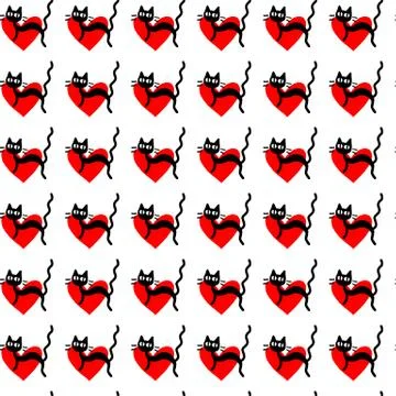 Cute seamless pattern with hearts and cats. Romantic texture for backgrounds, Stock Illustration