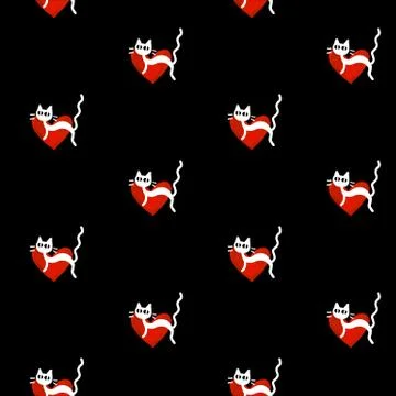 Cute seamless pattern with hearts and cats. Romantic texture for backgrounds, Illustrazione stock