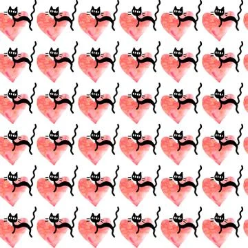 Cute seamless pattern with hearts and cats. Romantic texture for backgrounds, Stock Illustration