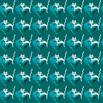 Cute seamless pattern with hearts and cats. Romantic texture for backgrounds, Stock Illustration