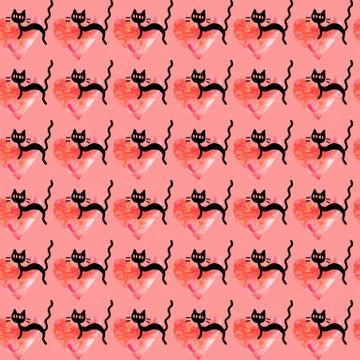Cute seamless pattern with hearts and cats. Romantic texture for backgrounds, Stock Illustration