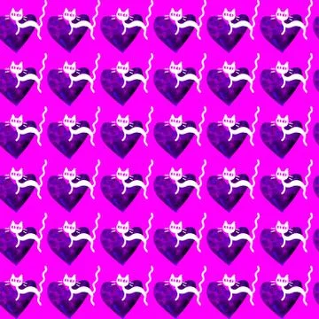 Cute seamless pattern with hearts and cats. Romantic texture for backgrounds, Stock Illustration