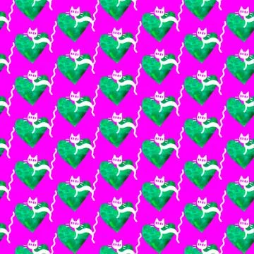Cute seamless pattern with hearts and cats. Romantic texture for backgrounds, Stock Illustration