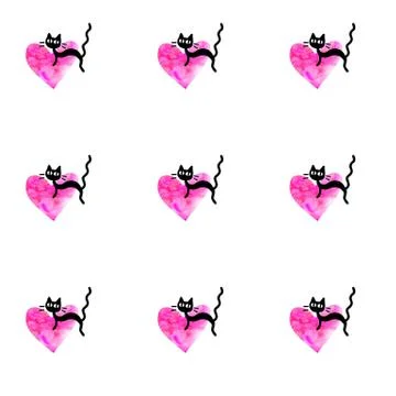 Cute seamless pattern with hearts and cats. Romantic texture for backgrounds, Illustrazione stock