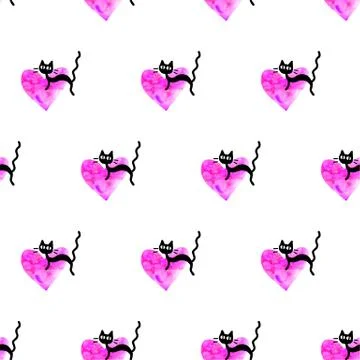 Cute seamless pattern with hearts and cats. Romantic texture for backgrounds, Stock-Illustration