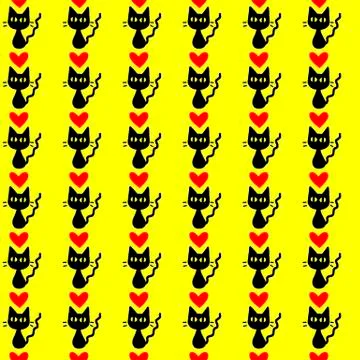 Cute seamless pattern with hearts and cats. Romantic texture for backgrounds, Stock Illustration