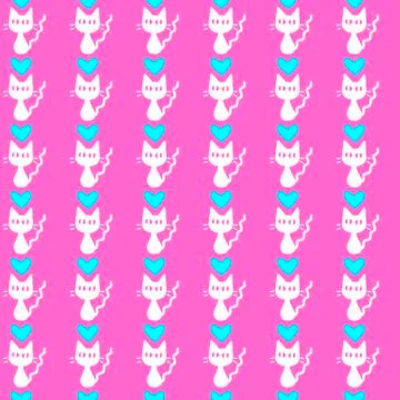 Cute seamless pattern with hearts and cats. Romantic texture for backgrounds, Stock Illustration