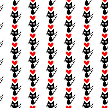 Cute seamless pattern with hearts and cats. Romantic texture for backgrounds, Stock Illustration