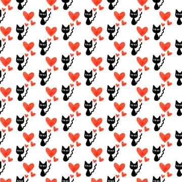 Cute seamless pattern with hearts and cats. Romantic texture for backgrounds, Stock Illustration