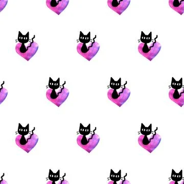 Cute seamless pattern with hearts and cats. Romantic texture for backgrounds, Stock Illustration