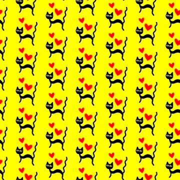 Cute seamless pattern with hearts and cats. Romantic texture for backgrounds, Stock Illustration