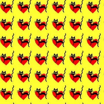 Cute seamless pattern with hearts and cats. Romantic texture for backgrounds, Illustrazione stock