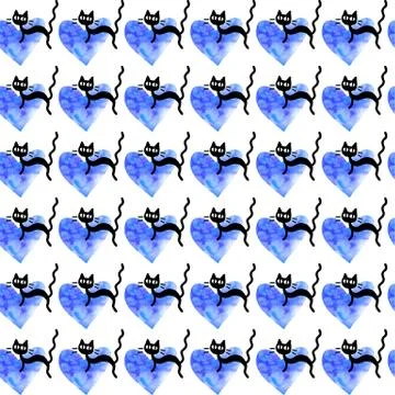 Cute seamless pattern with hearts and cats. Romantic texture for backgrounds, Stock Illustration