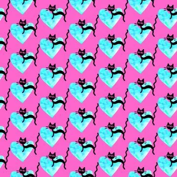 Cute seamless pattern with hearts and cats. Romantic texture for backgrounds, Stock Illustration