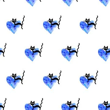 Cute seamless pattern with hearts and cats. Romantic texture for backgrounds, Stock Illustration