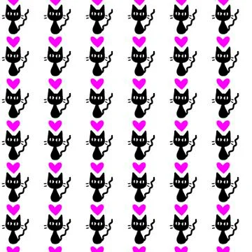 Cute seamless pattern with hearts and cats. Romantic texture for backgrounds, Stock Illustration