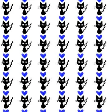 Cute seamless pattern with hearts and cats. Romantic texture for backgrounds, Stock Illustration