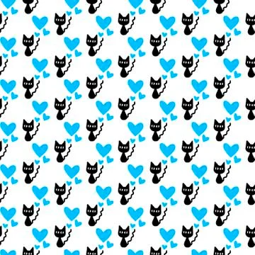 Cute seamless pattern with hearts and cats. Romantic texture for backgrounds, Stock Illustration