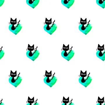 Cute seamless pattern with hearts and cats. Romantic texture for backgrounds, Stock Illustration