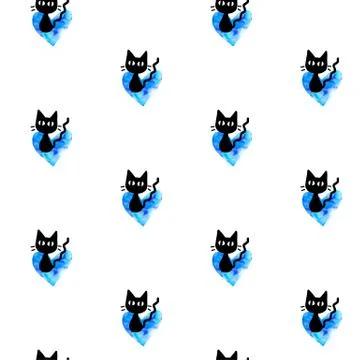 Cute seamless pattern with hearts and cats. Romantic texture for backgrounds, Stock Illustration