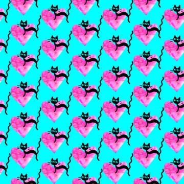 Cute seamless pattern with hearts and cats. Romantic texture for backgrounds, Stock Illustration