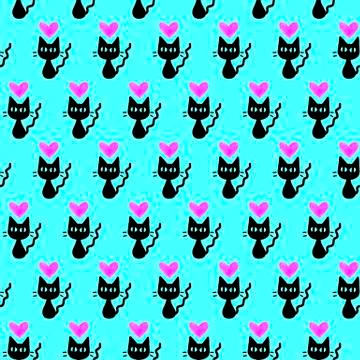 Cute seamless pattern with hearts and cats. Romantic texture for backgrounds, Stock Illustration