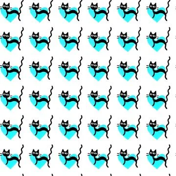 Cute seamless pattern with hearts and cats. Romantic texture for backgrounds, Stock Illustration