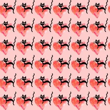 Cute seamless pattern with hearts and cats. Romantic texture for backgrounds, Stock Illustration