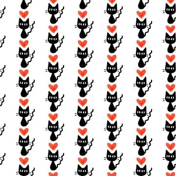Cute seamless pattern with hearts and cats. Romantic texture for backgrounds, Stock Illustration