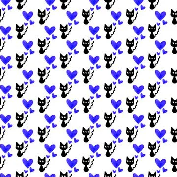 Cute seamless pattern with hearts and cats. Romantic texture for backgrounds, Stock Illustration