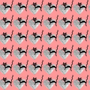 Cute seamless pattern with hearts and cats. Romantic texture for backgrounds, Stock Illustration