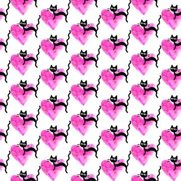 Cute seamless pattern with hearts and cats. Romantic texture for backgrounds, Stock Illustration