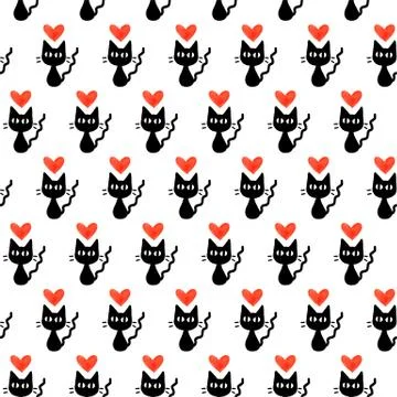 Cute seamless pattern with hearts and cats. Romantic texture for backgrounds, Stock Illustration