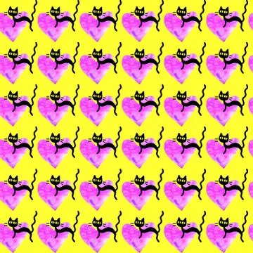 Cute seamless pattern with hearts and cats. Romantic texture for backgrounds, Stock Illustration
