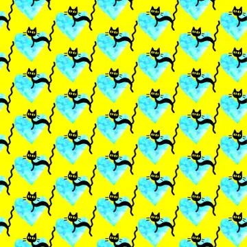 Cute seamless pattern with hearts and cats. Romantic texture for backgrounds, Stock Illustration