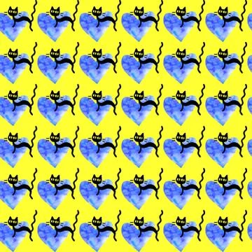 Cute seamless pattern with hearts and cats. Romantic texture for backgrounds, Stock Illustration