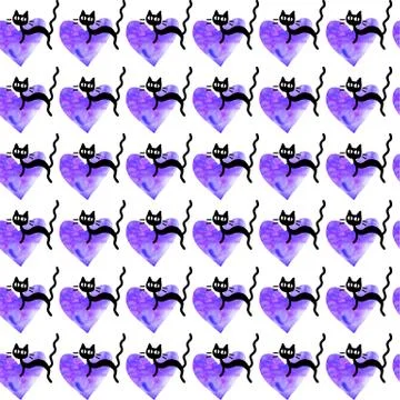 Cute seamless pattern with hearts and cats. Romantic texture for backgrounds, Stock Illustration