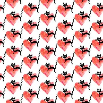 Cute seamless pattern with hearts and cats. Romantic texture for backgrounds, Stock Illustration