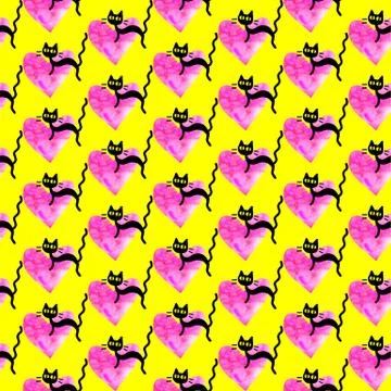 Cute seamless pattern with hearts and cats. Romantic texture for backgrounds, Stock Illustration