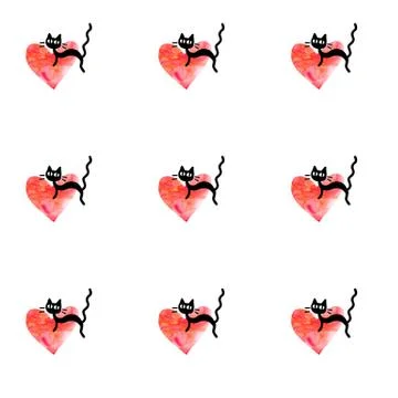 Cute seamless pattern with hearts and cats. Romantic texture for backgrounds, Stock Illustration